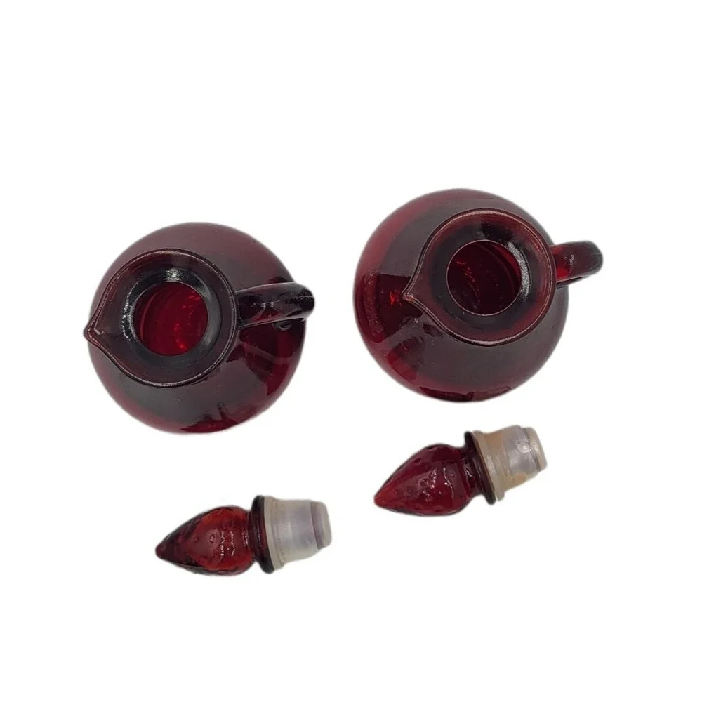 Vintage Pair Avon Cruet Cape Cod Ruby Red Glass Strawberry Top Numbers‎ 5 & 26